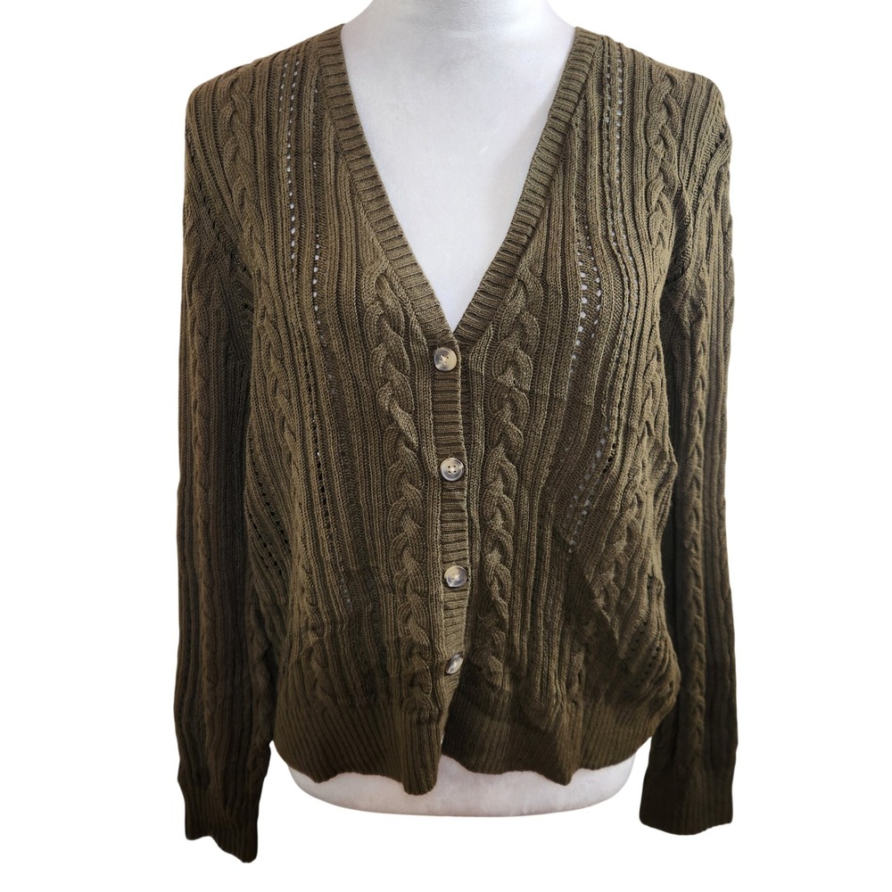 Talbots Petite XL Olive Green Cable Knit Cardigan Cotton Cropped Fairy Preppy